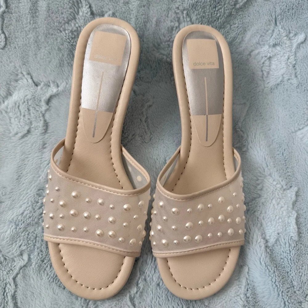 Dolce Vita Pearl-Studded Cream Slide Heels